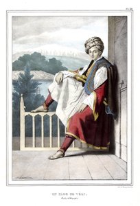 Eine Seite von Veli, Pascha von Thessalien. in „Reise nach Athen und Konstantinopel, oder Sammlung griechischer und osmanischer Porträts, Ansichten und Kostüme, vor Ort nach der Natur gemalt, lithografiert und koloriert von Louis Dupre (1789-1837), Schüle