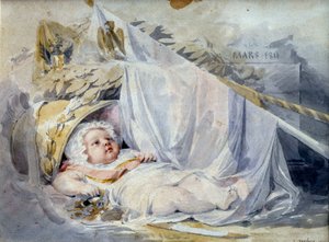 König von Rom Napoleon II., Herzog von Reichstadt (1811-1832), Sohn von Kaiser Napoleon I. (1769-1821) als Neugeborener. Schwarzer Stein und beige Lava auf Papier von Eugène Isabey (1803-1886) März 1811 Paris, Musée du Louvre von Louis Eugene Gabriel Isabey