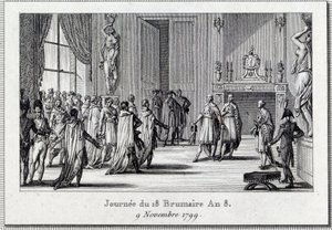 Konsulat: „Napoleon Bonaparte (1769-1821) bei der Sitzung von Saint Cloud am 18. Brumaire (9.11.1799)“ Der Staatsstreich des 18. Brumaire von Napoleon Bonaparte im Rat der Fünfhundert (Raum der 500), geschützt von Grenadieren, beendet die D