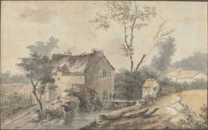 Mühle mit Brücke und Figuren von Louis Gabriel Moreau the Elder