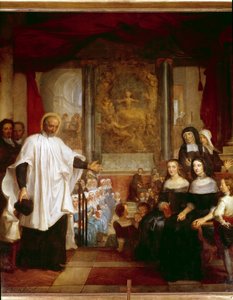 Der heilige Vinzenz von Paul besucht die Einrichtung für Findelkinder vor den Damen der Nächstenliebe