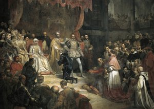 Die Abdankung von Karl V. (1500-1558) zugunsten seines Sohnes Philipp II. (1527-1598)