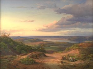 Eine Landschaft nahe Himmelbjerget, Jütland. Im Vordergrund eine Zigeunerfamilie