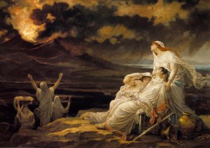 Herculaneum (23. August 79): die antike Stadt, zerstört durch den Ausbruch des Vesuvs, und die Bewohner, die auf einen Hügel flüchteten