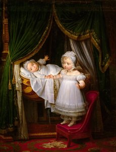 Henri von Artois, Graf von Chambord, Herzog von Bordeaux in seiner Wiege mit seiner Schwester Louise Marie Thérèse von Louise Marie Jeanne Hersent