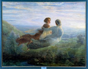 Das Gedicht der Seele; Der Flug der Seele, eine junge Frau, die über einer grünen Landschaft in die Luft erhoben wird und von einer Muse in einer lyrischen Atmosphäre begleitet wird von Louis Janmot