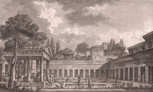 Ideale Rekonstruktion der Villa des Diomedes in Pompeji in ihrem ursprünglichen Zustand vor dem Vulkanausbruch des Vesuvs im Jahr 79 n. Chr., Kampanien, Italien, Radierung nach einer Zeichnung von Louis Jean Desprez (1743-1804)