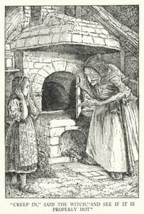 "Kriech hinein," sagte die Hexe, "und sieh nach, ob es richtig heiß ist" von Louis John Rhead