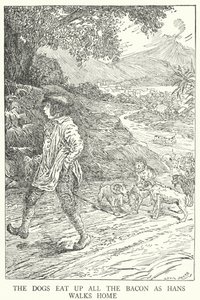 Die Hunde fressen den ganzen Speck auf, während Hans nach Hause geht von Louis John Rhead
