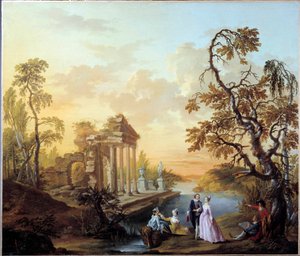 Hommage an die Liebe. Romantische Szene in einer Landschaft mit antiken Ruinen bei Dämmerung. Gemälde von Louis Joseph Watteau dit Watteau de Lille (1731-1798)
