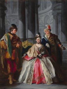 Drei Figuren in Maskerade-Kostümen