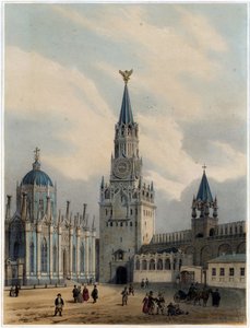 Ansicht des Turms des Heiligen Erlösers (oder des Spasskaja-Turms) und der Kathedrale der Heiligen Katharina des Himmelfahrtsklosters im Moskauer Kreml) Lithographie von Louis Jules Arnout (1814-1868) von Louis Jules Arnout