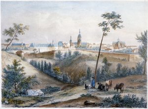 Bouvier auf dem bretonischen Land (Dinan in der Ferne) - Lithographie von Jacottet und Benoist von Louis Julien Jacottet
