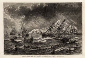 Dorschfischerei auf der Großen Bank von Neufundland, die Boote folgen den Linien, Zeichnung von Lebreton, zur Illustration der Reise nach Neufundland im Jahr 1860 von A. de Gobineau. Gravur in „Le tour du monde“, herausgegeben von Edouard Charton