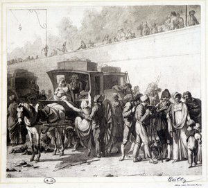 Die Ankunft einer Postkutsche, Heliogravur von Léon Marotte nach dem Gemälde von Boilly (1803)