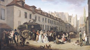 Die Ankunft einer Postkutsche am Endpunkt, rue Notre-Dame-des-Victoires, Paris