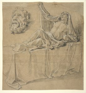 Liegende Figur und Maske eines bärtigen Mannes, Studie für "Das Begräbnis des Diakons Raymond" (Louvre) von Louis Licherie de Beuron (attr. to)