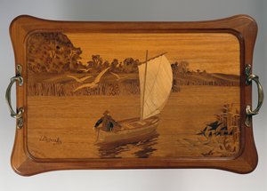Tablett mit Seeszene, von Louis Majorelle, Holz, Frankreich, 20. Jahrhundert