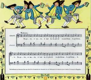 Partitur und Illustration von Louis Maurice Boutet de Monvel des Kinderliedes Ragotin von Louis Maurice Boutet de Monvel