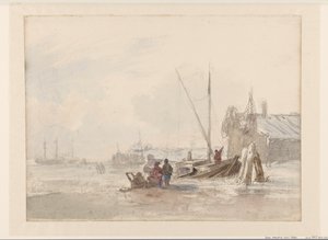 Strandansicht mit Fischern bei einem Boot im Vordergrund von Louis Meijer
