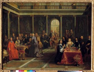Königin Christine von Schweden, umgeben von ihrem Hof, hört dem Philosophen René Descartes bei einer Geometrie-Demonstration zu; in Anwesenheit des Prinzen von Condé, Elisabeth von Bayern Prinzessin Palatin und Pater Mersenne