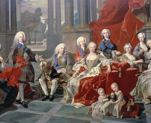 Die Familie von Philipp V. von Spanien (1683-1746) Detail, das den König, seine zweite Frau Elisabeth Farnese und den zukünftigen Ferdinand VI. zeigt