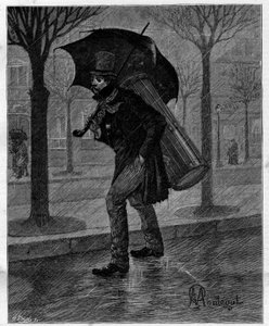 Schlechte Ernte! Arme nasse Zikade! ... Trommelspieler in Not, der im Regen durch die Straßen von Paris geht. In „Trente ans de Paris“, autobiografische Sammlung von Alphonse Daudet. Gravur nach Monteguts Illustrationen in „Le Monde illustré“ von Louis Montegut