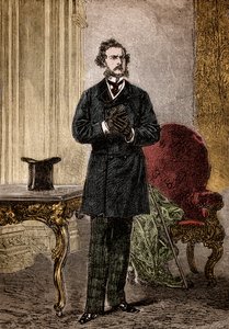 Porträt von Phileas Fogg, Charakter aus Le tour du monde en quatre-vingts jours, Abenteuerroman von Jules Verne, illustriert von Louis Paul Pierre Dumont (1822-1882) im Jahr 1872 (Phileas Fogg vom Frontispiz von In achtzig Tagen um die Welt von Jules Verne von Louis Paul Pierre Dumont