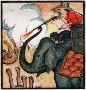 Europäischer Siedler tötet Löwen durch Schüsse auf einen Elefanten in Afrika (1923) (Gravur) von Louis Peltier