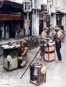 Mobile Restaurants in Singapurs Chinatown. Illustration von L. Sabatier. 19. Jahrhundert von Louis Remy Sabattier