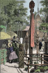Weltausstellung 1889 - Das kanakische Dorf auf der Esplanade des Invalides (die Kanaken während der Ausstellung: Menschlicher Zoo) - Zeichnung von Louis Tinayre (1861-1942) - in „Le Monde Illustré“ vom 22.07.1889.