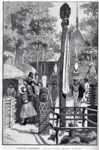 Exposition Universelle 1889 - Das Canaque-Dorf an der Esplanade des Invalides (die Canaques während der Ausstellung: Zoo Humane). Zeichnung von Louis Tinayre (1861-1942) - in „Die illustrierte Welt“ vom 22.07.1889.