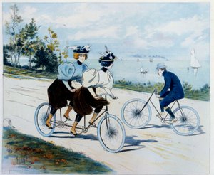 Sonntagsspaziergang. Fahrradtour: Ein Mann auf einem Fahrrad schaut zwei Frauen auf einem Tandem an. Zeichnung von Louis Vallet (1856 -?) von Louis Vallet