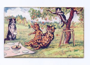 Viktorianische Grußkarte von Äpfeln, die auf zwei Katzen bei einem Picknick fallen, ca. 1880