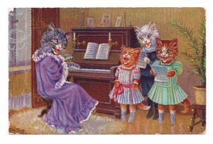 Edwardianische Postkarte von vier Katzen in Menschenkleidung um ein Klavier, ca. 1910 von Louis Wain