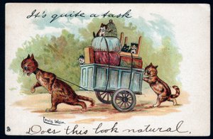 Es ist eine ziemliche Aufgabe, sieht das natürlich aus? Tiere in menschlicher Haltung. Katzen ziehen einen Karren, in dem sich ihre Kätzchen und ihre Umzugssachen befinden. Postkarte. Chromolithographie von Louis Wain (1860-1939), englischer Künstler bekan von Louis Wain