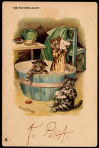 Das morgendliche Bad. Tiere in menschlicher Haltung. Katzen nehmen ein Bad in einer Schüssel. Postkarte. Chromolithographie von Louis Wain (1860-1939), englischer Künstler bekannt für seine Darstellung von Katzen mit großen Augen. Anfang des 20. Jahrhunder von Louis Wain