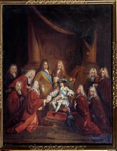 König Ludwig XV. (1710-1774) als Kind, der der Stadt Körperschaft Adelsbriefe verleiht, 1716 (Detail)