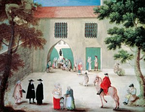 Hilfe für Arme vor der Abtei von Port-Royal des Champs, von Louise-Magdeleine Hortemels, Gouache, Frankreich von Louise Magdeleine Hortemels