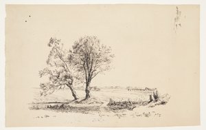 Landschaft mit Weiden an einem Wasserlauf