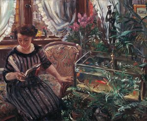 Eine Frau liest neben einem Goldfischbecken, 1911 von Lovis Corinth