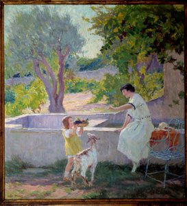 Madame Prat und ihre Tochter im Garten mit der kleinen Ziege