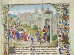Isabella von Frankreich wird von ihrem Bruder Karl IV. in Paris empfangen, ca. 1470-1475 von Loyset Liedet