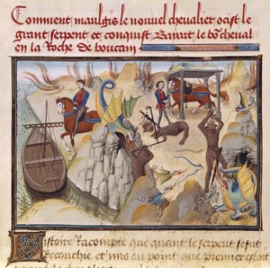Ms 5072 fol.37v Maugis kämpft gegen die Schlange und gewinnt das verzauberte Pferd Bayard, aus dem Renaud de Montauban-Zyklus