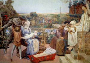 Die Familie Eine reiche Familie im Mittelalter, die Mutter hält das Kind in ihren Armen und küsst ihren Mann. Dekoration aus dem Hotel Watel-Dehaynin in Paris. Gemälde auf Putz von Luc Olivier Merson (1846-1920) 1901 Paris, Museum von Luc Oliver Merson
