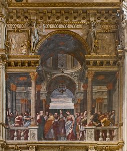 Genua, Duomo (St. Laurentius Kathedrale), innen, Lercari-Kapelle oder Kapelle des Allerheiligsten Sakraments (nördliche Apsis), Südseite: "Die Verlobung der Jungfrau", Fresko von Luca Cambiaso von Luca Cambiaso