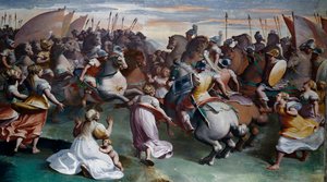 Die Entführung der Sabinerinnen (16. Jahrhundert), von Luca Cambiaso, Fresko, Villa Imperiale, Genua, Ligurien, Italien von Luca Cambiaso