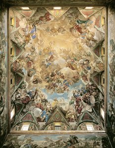 Die himmlische Herrlichkeit und der Triumph der Habsburger, von der Decke über der großen Treppe