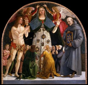 Madonna der Barmherzigkeit und die Heiligen Sebastian und Bernardino da Siena, ca. 1490