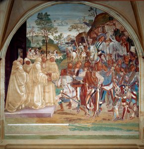 Der heilige Benedikt von Nursia empfängt Totila (6. Jahrhundert), König der Ostgoten. Fresko im Refektorium der Mönche von Luca Signorelli, das das Leben des heiligen Benedikt von Nursia (480 - 567) erzählt, Gründer des Benediktinerordens. 1503 - 1508 Abte